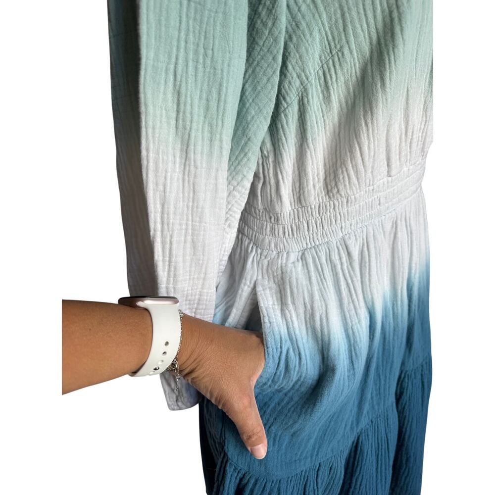 Universal Thread Blue Ombre Cotton Gauze Mini Dress Size Medium Puff Sleeve - Picture 10 of 13